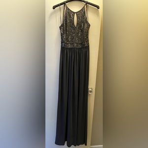 Gray dress with lace top and sequins.